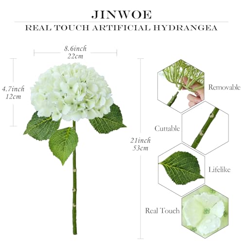 JINWOE Artificial Hydrangea Flowers, 3pcs 21" Latex Real Touch Spring Faux Hydrangea Flowers, Lifelike Artificial Hydrangeas for Porch Bouquets Wedding Home Table Centerpieces （White&Light Green） - color: White/Light Green