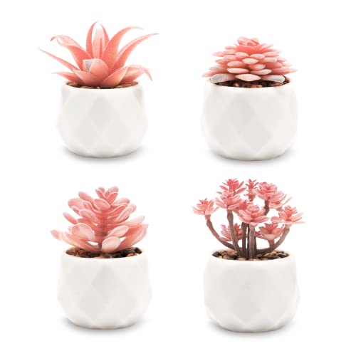 VIVERIE Mini Faux Succulents Plants Artificial in Pots-Rose Pink Desk Accessories, Small Fake Succulents Plants for Home Decor Indoor for Women, White Ceramic, Set of 4 - color: Pink