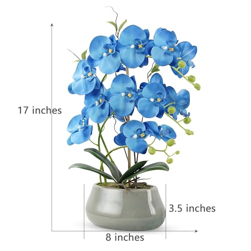 Orchid Artificial Flowers with Gray Vase Large Silk Faux Phalaenopsis Flowers for Dining Room Table Floral Centerpieces Indoor Decoration,Blue - color: Blue