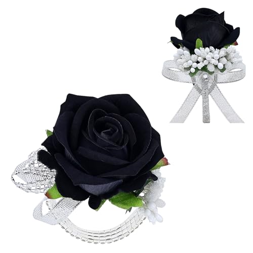 2Pcs Rose Black Corsage and Boutonniere Set, Artificial Wrist Corsage Wristlet Bracelets, Men Boutonniere for Wedding Anniversary Party Homecoming Flowers Accessories Prom Decor - color: Navy Blue