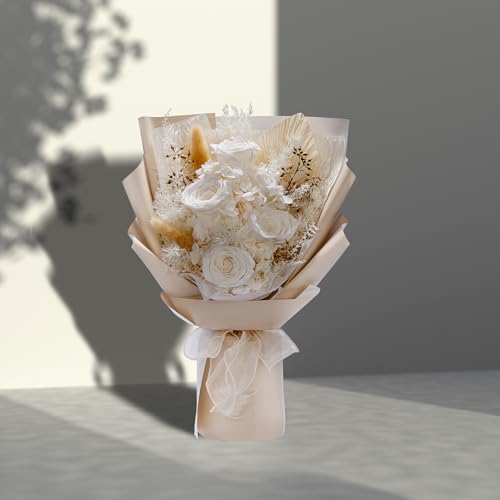 Bonsion Preserved Flowers Gifts for Women, Flower for Delivery, White Roses Gifts fo Her, Preserved Roses Bouquets, Birthday Gifts for Grandma, Mothers Day Flowers for Wife - color: White