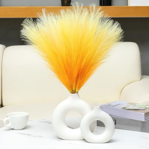 Ureymx Faux Pampas Grass Decor 17.7 Inch 6pcs, Pompas Grass Flower Arrangement and Vase Filler Artificial Pampas Grass Short Decor for Boho Home Wedding Decoration (Gradient Yellow) - color: Gradient Yellow, size: 17 Inch 6 Pcs