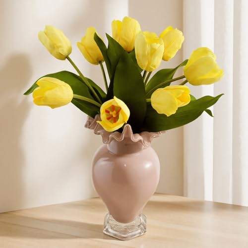 10 Stems Artificial Tulips Bouquet 14" Fake Tulips Flowers Realistic Faux Flowers for Wedding Home Party Decor Spring Decor Valentine's Day and Easter Decorations(Yellow) - color: Yellow