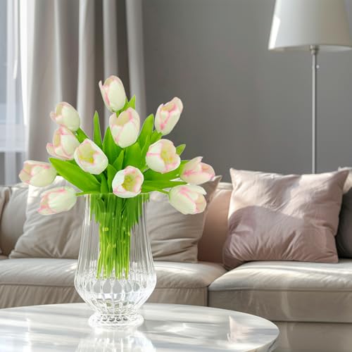 12pcs Pink Tulips Artificial Flowers Real Touch Silk Fake Flowers Faux Tulip Stems for Wedding Spring Bouquet Floral Arrangement Home Decorations Table Centerpiece - color: Pink