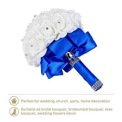 Wedding Bouquet, Handmade Blue Bridesmaid Bouquet Bridal Bouquet with Crystals Soft Ribbons, Artificial Rose Flowers for Wedding, Party and Church (Royal Blue) - color: Royal Blue