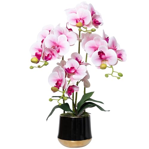 Artificial Orchid Flowers in Ceramic Vase Realistic Pink Faux Orchids 19.5 Inch Fake Phalaenopsis Plant Arrangements for Home Indoor Centerpiece Decor (Set of 4 Stems) - color: Pink, size: 14CM- BlackGolden