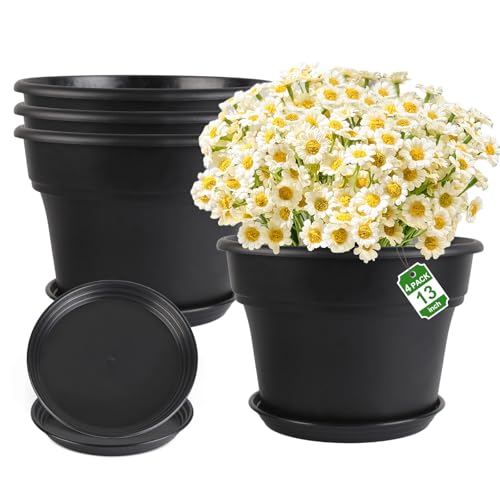 Myfeegoin 13-inch-Plant-Pots, 4 Pack Large Planters for Outdoor Plants, Plastic Flower Pots Indoor with Drainage Holes & Trays, Classic Garden Pot Container for House - color: Black, size: 13inch