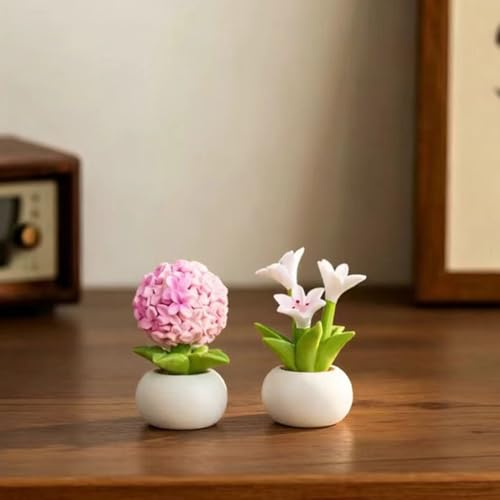 Resin Flower with Pot 2 Pcs Mini Artificial Lily Hydrangea Flowers Potted Plants Figurines for Car Dashboard Home Kitchen Rustic Table Shelf Decor, Pink+White - color: Pink+white