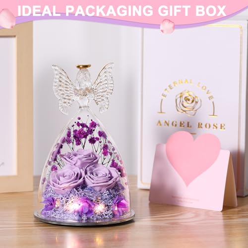 Mothers Day Mom Gifts for Women Preserved Flowers in Glass Angel Forever Flowers Gifts Eternal Roses Gifts for Grandma, Light Purple - color: Light Purple
