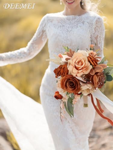 Artificial Flowers Combo Box Set Fall Fake Flowers Silk Mix Roses Peonies with Stems for DIY Bridal Wedding Decor Bouquets Centerpieces Baby Shower Party Home Decorations Orange Champagne 23pcs - color: Orange Champagne
