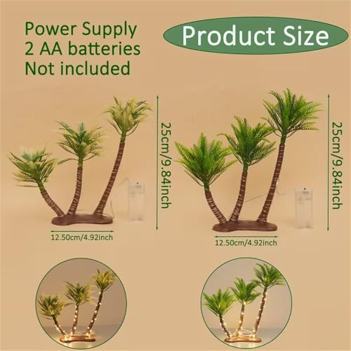 Artificial Coconut Palm Tree, 11 Inch Mini Plastic Tropical Desk Decor with Warm Light for Christmas, Wedding, Party Landscape Decoration