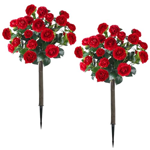 Sunnyglade 35.5" Set of 2 Artificial Camellia Tree, Faux Red Camellia Flowers Plant with Spike Fake Silk Flora Topiary Plants Tree for Indoor, Garden, Yard, Porch, Patio Decoration (Red) - color: Red
