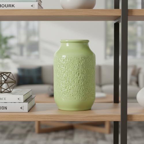 Green Ceramic Vase for Flowers, 9 Inch Decorative Vase for Pampas Grass, Modern Texture Vases for Home Decor, Table Shelf, Kitchen, Living Room Decor - color: Modern Green