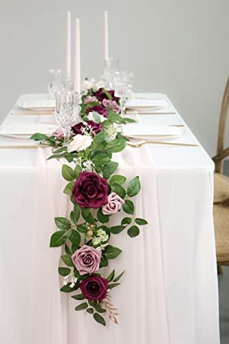 PONATIA 5FT Handcrafted Burgundy Artificial Rose Garland, Dusty Rose Flowers for Wedding Ceremony Garlands Backdrop Arch, Christmas Decorations Table Decor - color: Burgundy & Dusty Rose & Cream