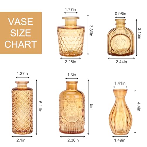 5pcs Amber Glass Bud Vase Set, Gold Small Flower Vases for Centerpieces in Bulk, Mini Vintage Vase for Home, Wedding, Table Decor - color: Amber, size: 5pcs