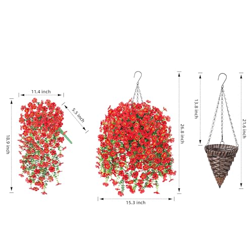HyeFlora Artificial Hanging Flowers Basket for Outdoor, Fake Flowers Faux Plants Look Real for Yard Gardens Porch Patio Home (Red) - color: Red
