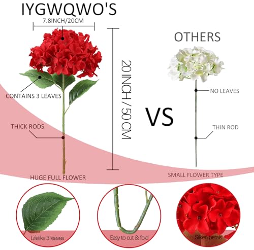 6PCS Large Silk Hydrangea Flowers, 20 in Full Faux Hydrangea Artificial Flowers with Stems Leaves for Fake Bouquets Home Valentines Day Xmas Party Christmas Centerpieces Arrangements (Red) - color: Red