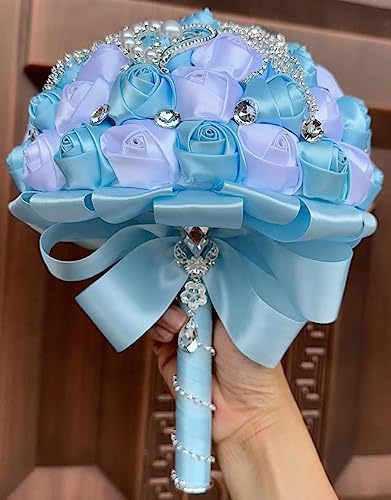 Sharebeauty 8.3" Handmade Satin Rose Bridal Bouquet Toss Round Wedding Bouquet Throw Toss Artificial Flower Bunch Light Blue + White - color: Light Blue/White, size: 8.3"/21cm