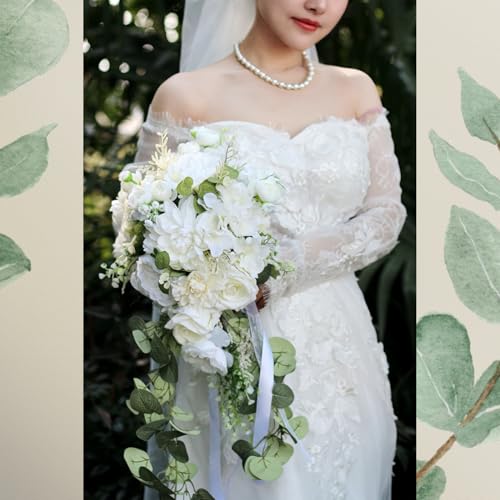 10 Inch White Rose Bouquets for Bride Spring Wedding Cascading Bridal Bouquet Ivory White Sage Green Artificial Silk Flower Winter Boho Rustic Ceremony Anniversary Decor Toss Bouquet - color: White Rose