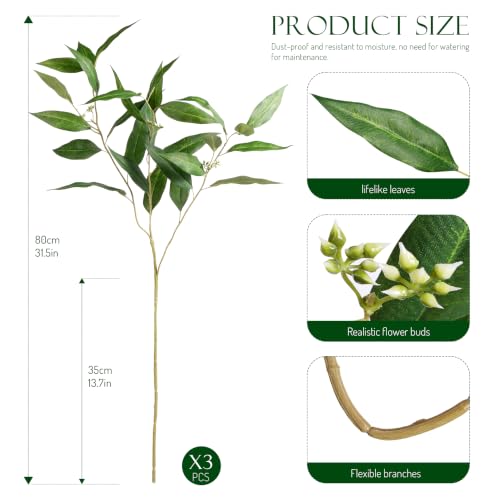Faux Eucalyptus Stems Eucalyptus Leaves 3Pcs, 31.5",Green | Greenery Stems Fake Leaves Fake Plants Artificial Plants Indoor Silk Greenery Applicable to Indoor Home Decor Farmhouse Decor - color: Green-laj3