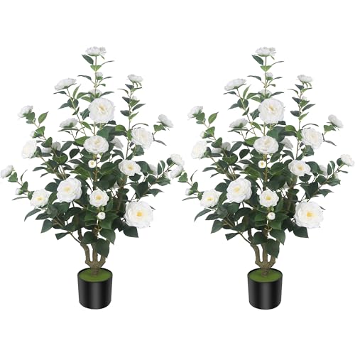 2Pack 39.37"/3.28FT Artificial Camellia Trees with 32 Flowers in Cement Pots – Lifelike Fake Trees for Front Porch, Home, Indoor Outdoor Spring Decor, Office or Housewarming Gifts (White) - color: White, size: 39.37 inchx2