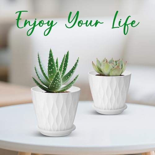 YNNICO 4 inch Plant Pots, 5 Pack Flower Pots Outdoor Indoor, Planters with Drainage Holes and Tray Saucers（White） - color: White, size: 4 inch
