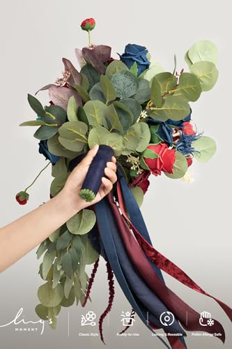 Ling's moment Navy Blue Burgandy Bridal Bouquet Cascading, Jewel Tone Wedding Bouquets for Bride, 15 Inch Bride Bouquets for Wedding Artificial Flowers Bouquets - color: Red-burgundy & Navy Blue, size: Medium 15 Inch