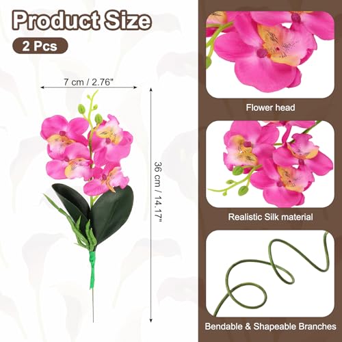 uxcell 2 Pcs Artificial Phalaenopsis Fake Flowers, 14 Inch Real Touch Artificial Floral Fake Bouquet for Wedding Bride Shower Gift Home Decor DIY Crafts, Rose Red - color: Rose Red, size: 14 Inch