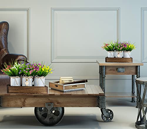 CALAVAK Decorative Centerpiece Wooden Tray with 3 Metal Potted Artificial Babys Breath Gypsophila Plant Flowers Rustic Country Farmhouse Décor for Dining Room, Living Room and Kitchen Table - style: Milan Plants