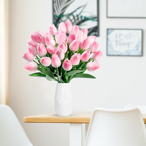 Sggvecsy 15 Pcs Fake Tulips Artificial Flowers Real Touch PU Faux Flowers Tulip Stems for Wedding Spring Bouquet Floral Arrangement Home Party Office Decorations for Mother's Day (Light Pink) - color: Light Pink, size: 15 Pcs