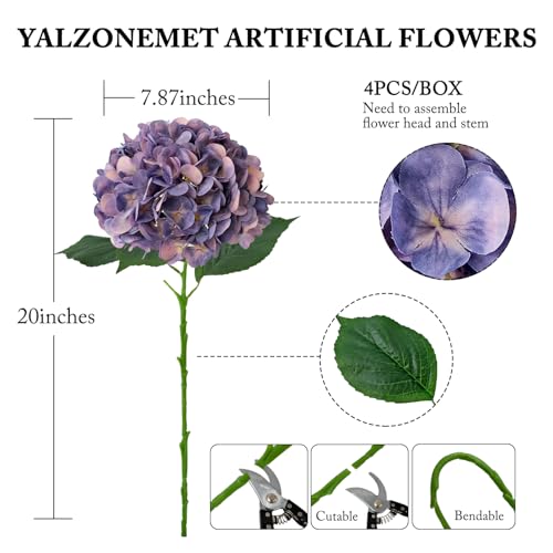 YalzoneMet 4Pcs Purple Silk Hydrangea Artificial Flower Lifelike Big Blooms 20'' Long Stem Faux Hydrangea Flower Bouquets for Home Party Indoor Outdoor Wedding Table Centerpiece Decor - color: Purple