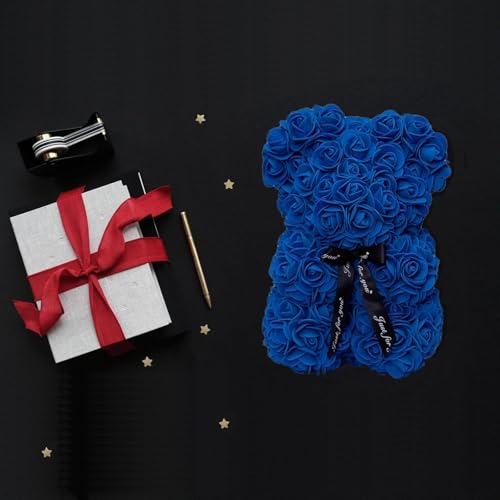 DuHouse Rose Bear Rose Teddy Bear Flower Gift Box for Valentines Gifts Anniversary Christmas,Birthdays Bridal Showers -Fully Handmade 10 inch Flower Bear Clear Gift Box(Royal Blue with Necklaces) - color: Royal Blue With Necklaces