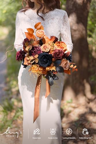 Ling's moment Fake Flowers Box, Faux Artificial Greenery Stems Foam Roses Silk Peony Eucalyptus Fabic Flower for Centerpieces Bouquet Wedding Vase Floral Decorations, Black & Orange, Grand Combo - color: Blk-black & Orange, size: Grand