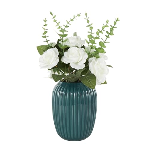 Deco 79 Fabric Artificial Flower with Green Leaves and Round Ceramic Vase, 10" x 10" x 17", White - color: White, size: 10" x 10" x 17"
