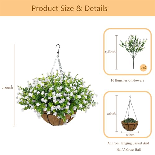 NETAP Artificial Hanging Flowers Basket for Outdoor, 16 Fake Flowers Look Real UV Resistant, Faux Hanging Plants for Porch, Balcony, Patio, Garden, Spring Summer Decor,White - color: White