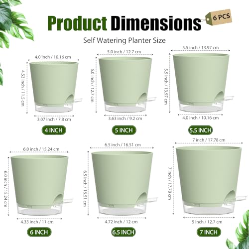 Plant Pots 4/5/5.5/6/6.5/7 Inch Self Watering Pots, 6 Pack Plastic Planters with Drainage Holes and Clear Saucers,Plastic Flower Pots,Nursery Planting Pot for Indoor Out Door Plants (Green) - color: Green, size: 4/5/5.5/6/6.5/7 inch