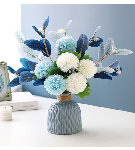 Artificial Flowers with Ceramic Vase Faux Hydrangea Flower Arrangements Table Centerpieces for Home Garden Party Wedding Decoration - color: Blue