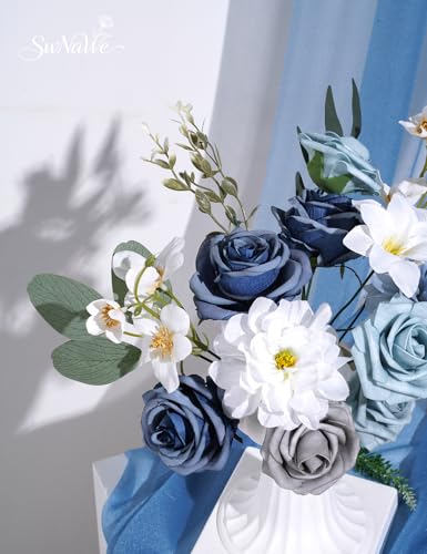 Dusty Blue Flowers Artificial Roses Combo Set Fake Royal Blue Silk Flowers Faux Peony Flowers Mix Dahlia with Stems for Wedding Bouquets Baby Bridal Shower Party Floral Arrangements Decor - color: Dusty Blue, size: The Modern Classic