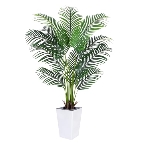 Artificial Palm Tree with White Tall Planter, 5ft Tall Potted Artificial Silk Palm Tree Plant, Fake Tropical Plant, Home Office Floor Room Decor Plants Indoor Outdoor, Housewarming Gift - size: 5ft