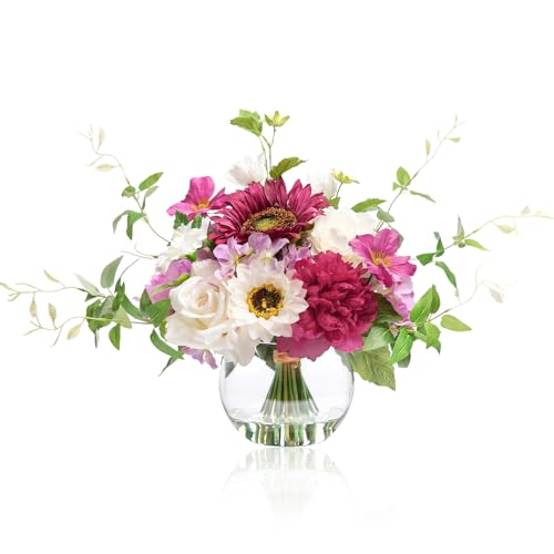 Artificial Flowers Centerpieces in Glass Vase with Fake Water, Silk White Rose Sunflowers Peony Bouquet with Vase for Birthday Party Wedding Dinning Table Office Hotel Decor (Fuchsia Mixed Plus) - color: Fuchsia Plus
