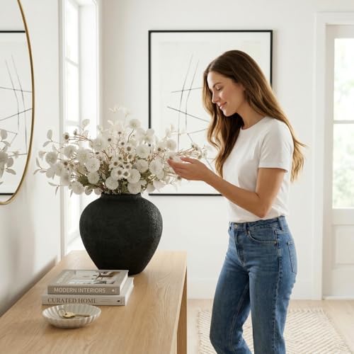 20pcs White Artificial Flowers Bulk For Vase That Look Real, White Flower Centerpiece For Table, Silk Floral Home Decor Indoor, Faux Kiku + Eucalyptus Stems + Wildflowers, Flores Blancas Artificiales - color: White Kiku+wax+eucalyptus