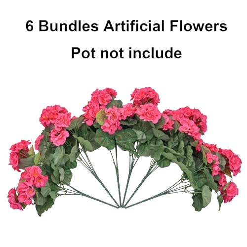 Fake Geraniums Artificial Flowers for Outdoors Outside, 6 Bundles Silk Geraniums Fake Flowers Plants Realistic UV Resistant Faux Flowers for Outdoor Planters Garden Balcony Yard Porch Indoor, Hot Pink - color: Hot Pink