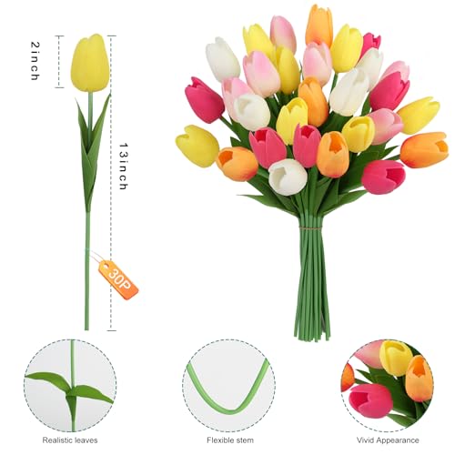 Artificial Tulips Flowers Fake Latex Tulip Stems - 30pcs Real Touch Faux Multicolor Tulips Flower for Easter Spring Wedding Bouquet Centerpiece Floral Arrangement Cemetery Table Decor - color: Multi-color03