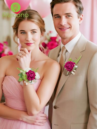 Alecono Fuchsia Corsage and Boutonniere Set, Hot Pink Corsage Wristlet for Bridesmaids, Boutonniere for Groom Groomsmen, Prom Wedding Accessories Suit Decorations - color: Fuchsia, size: Corsage and Boutonniere Set