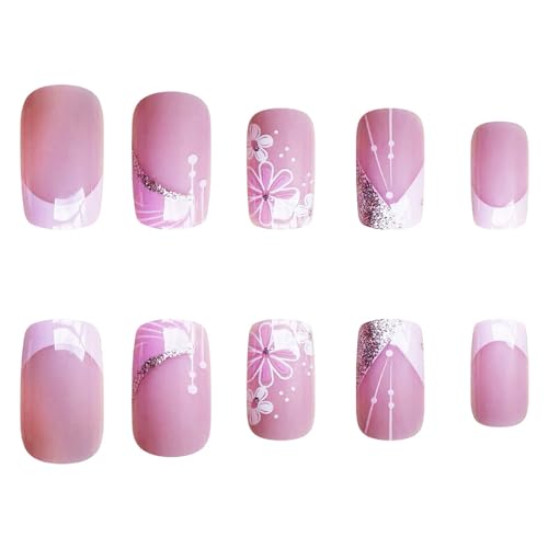 24Pcs Pink French Tip Press on Nails Short Square Fake Nails Spring Cherry Blossoms with Line Design Nude Pink False Nails Stick on Nails Full Cover Artificial Glue on Nails for Women DIY Manicure