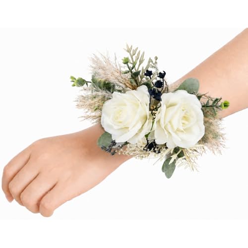 Rinlong 2Pcs White Sage Wrist Corsage for Wedding, Prom, Homecoming | Bridesmaid Wristlet, Mother of the Bride Flower Corsage - color: 04-white Sage