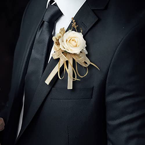 Boutonniere for Wedding Groom 2pcs Beige Satin Rose Groomsmen Best Man Father Suit Lapel Flower Button Hole Artificial Flower With Gold Ornament for Prom Homecoming, Tea Party, Formal Dinner - color: Beige Boutonniere