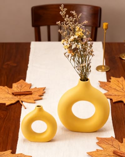 Ceramic Vase Set of 2 Home Decor Modern Farmhouse Style Living Room Ornament Dining Table Room Pottery Yellow Small Donut Vases for Dried Flowers - color: Vt11 Yellow