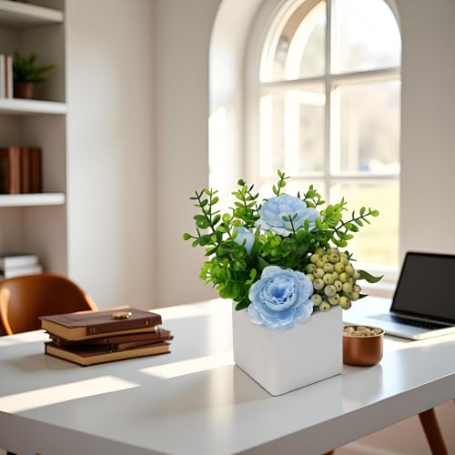 LADADA Artificial Blue Rose Potted Flowers with White Square Vase | Faux Eucalyptus Leaves Frosted Berry Floral Arrangement,Small Fake Silk Flower Centerpiece for Office Shelf Home Indoor Decor - color: Blue