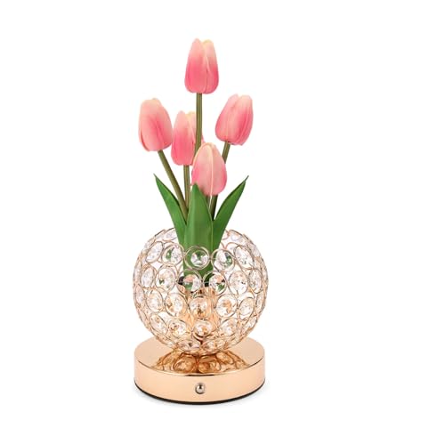 Cordless Tulip Flower Lamps, 3 Colors Touch Stepless Dimming Crystal Night Light, Rechargeable Artificial LED Flower with Vase Lamp Romantic Decor for Mothers Day,Xmas,Birthday (Pink) - color: Pink